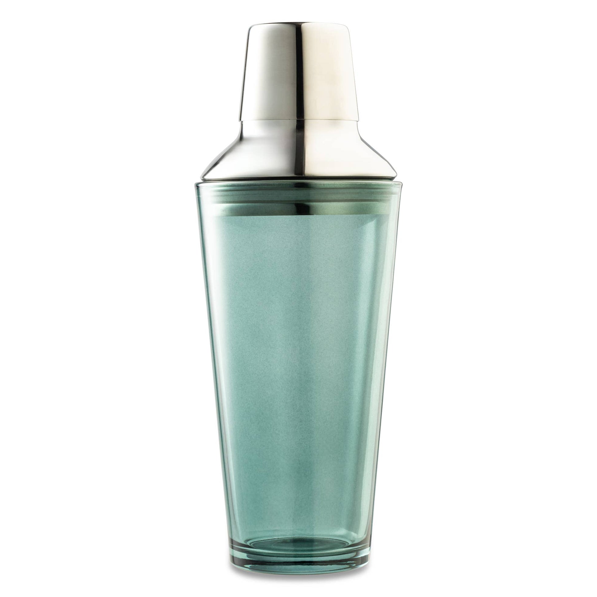 A smoky translucent teal cocktail shaker tin with a polished silver metal lid, shown against a solid white background.