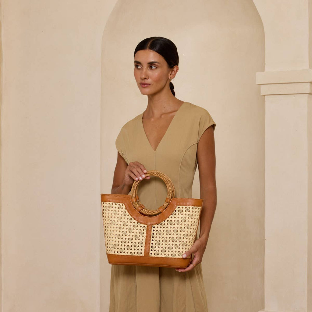 Brown Leather Large Square Cane Weave Tote — Rattan Handle