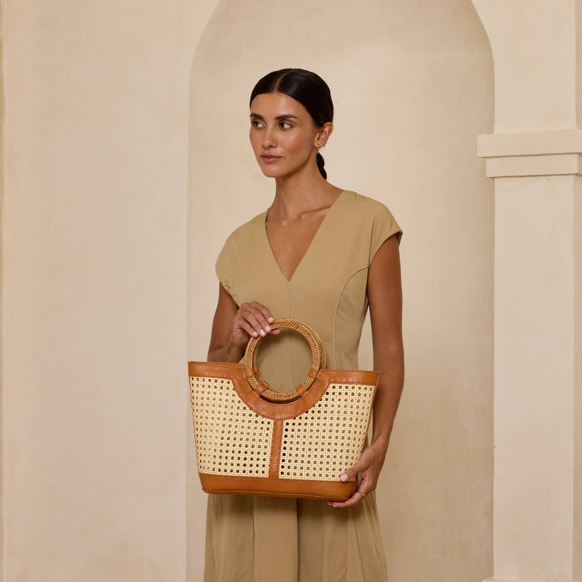 Brown Leather Large Square Cane Weave Tote — Rattan Handle