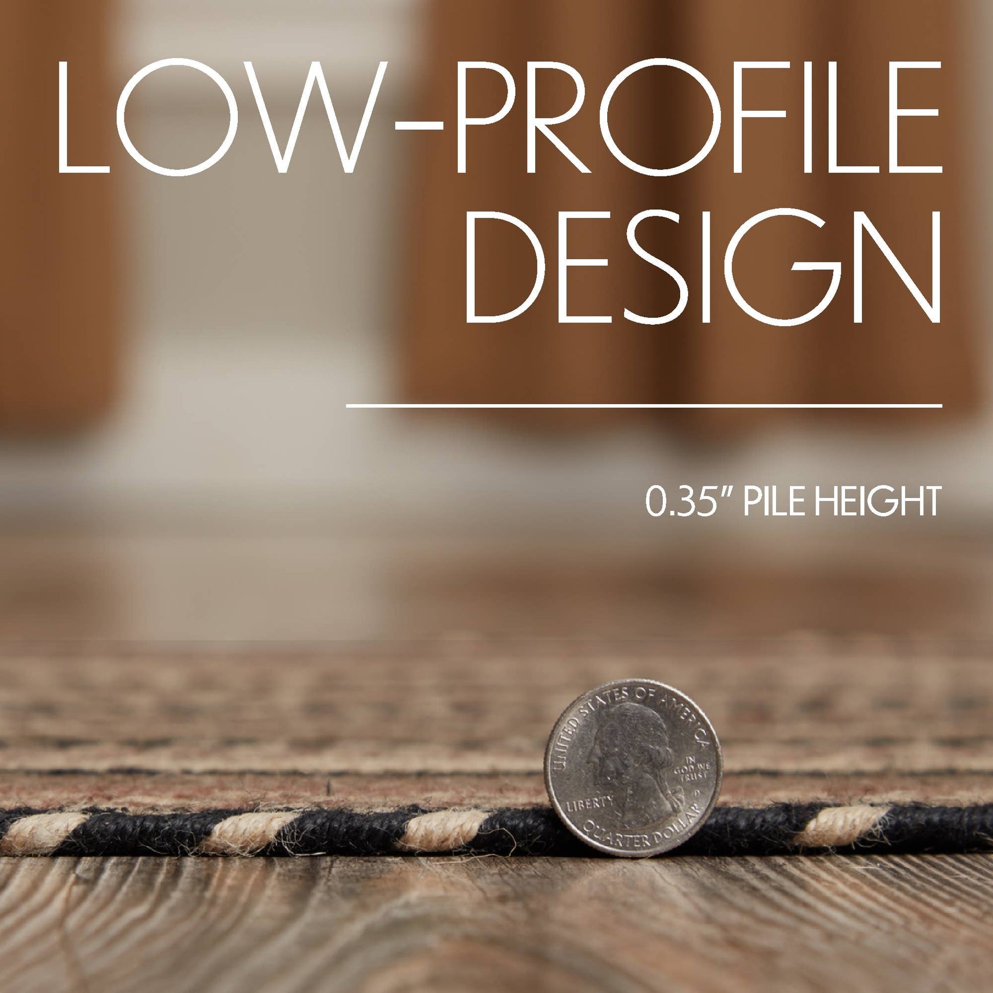 Low-profile design with a coin for scale on a textured surface