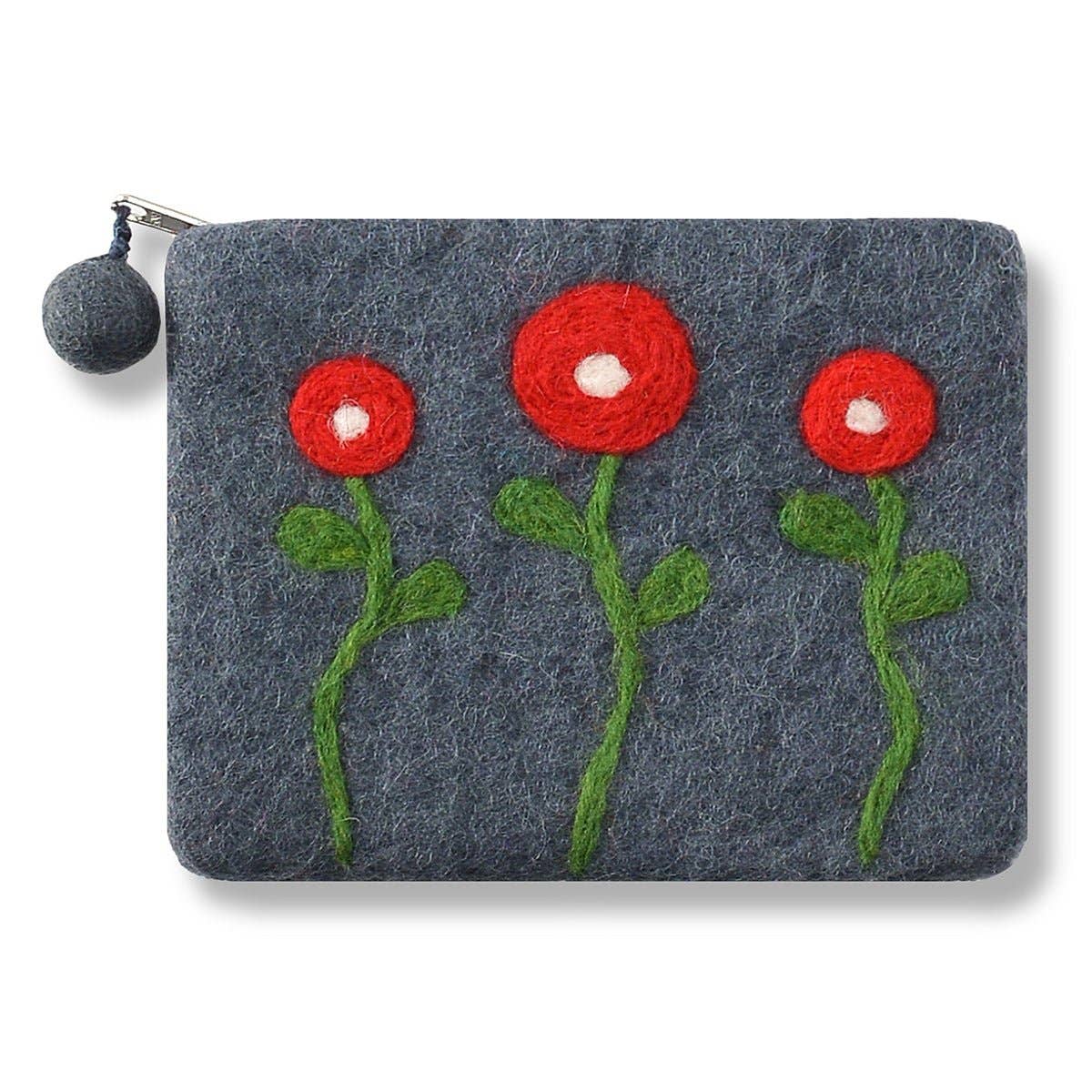 Grey Three Needle Flower Coin Purse – Handcrafted Wool Felt