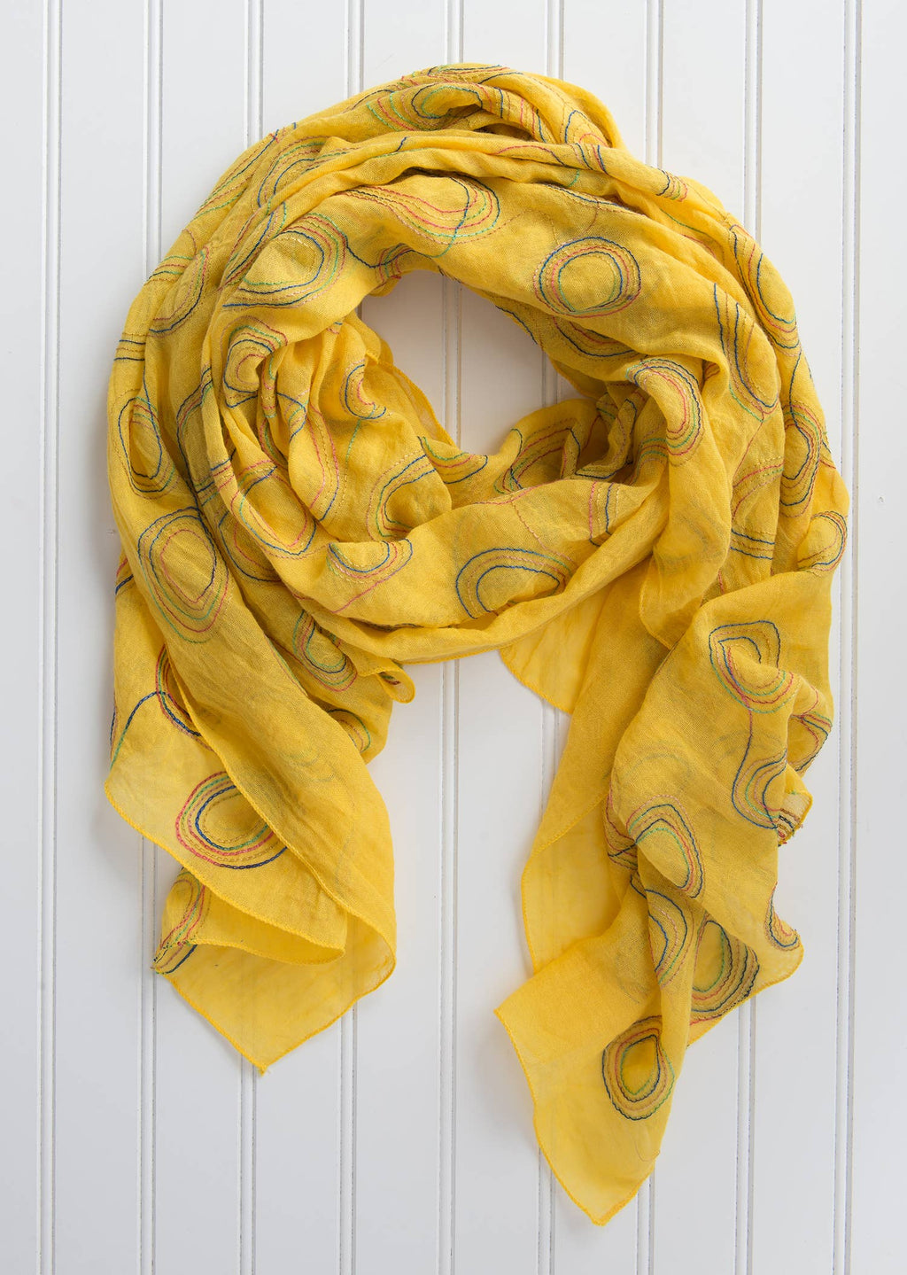 Rainbow Embroidered Loops Scarf – Cotton Blend: Yellow