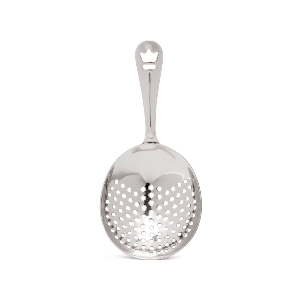 Metallic strainer spoon on a white background