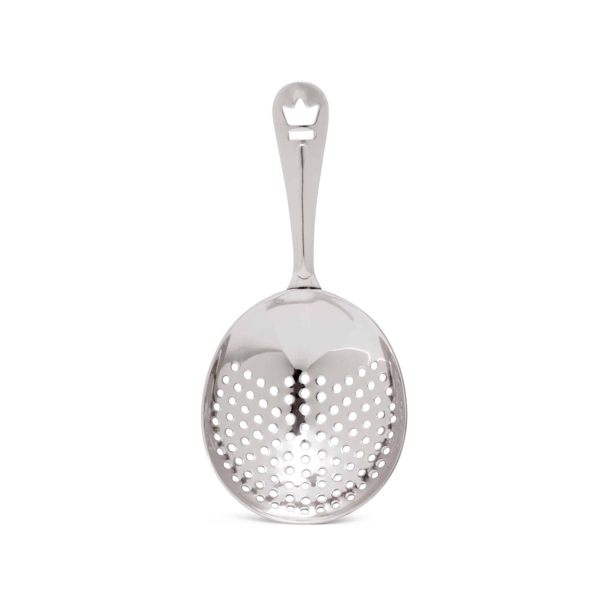 Metallic strainer spoon on a white background