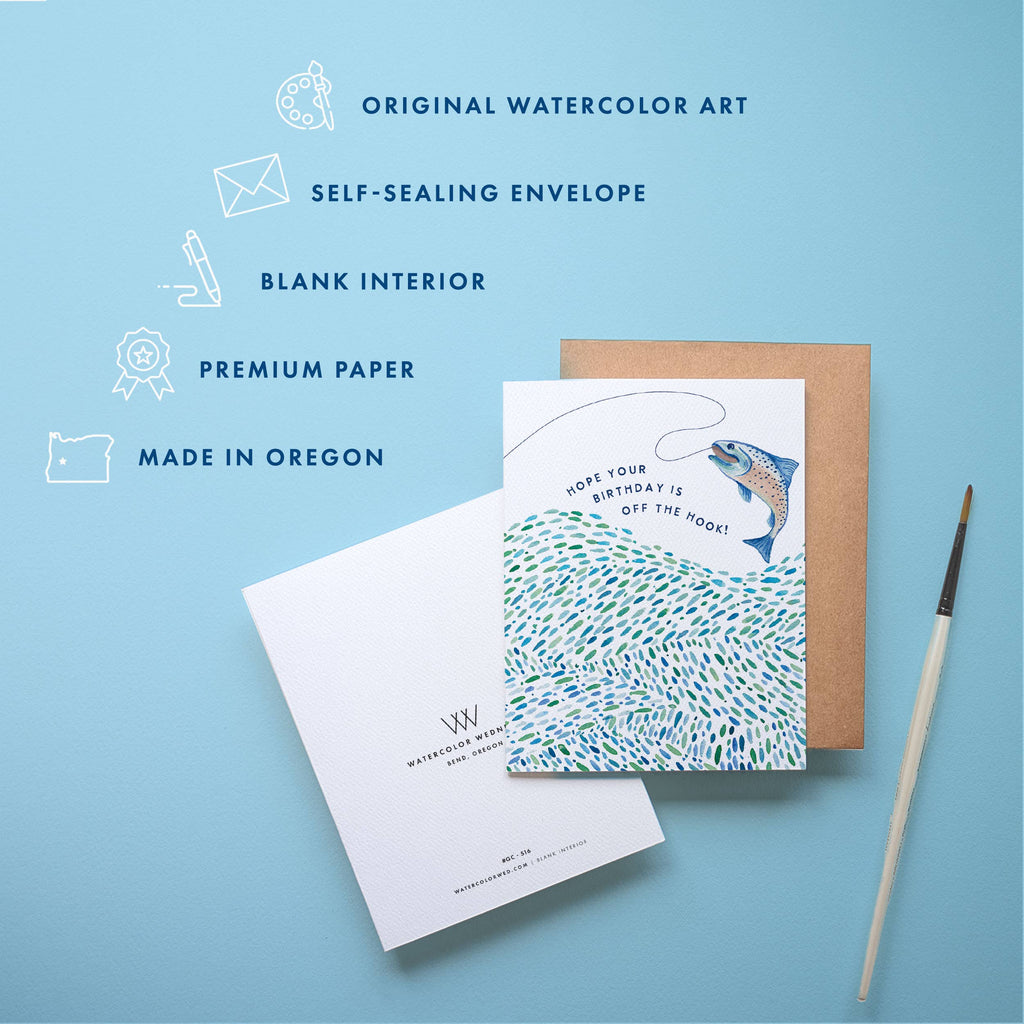 Greeting card with envelope on a blue background, featuring text about card features.