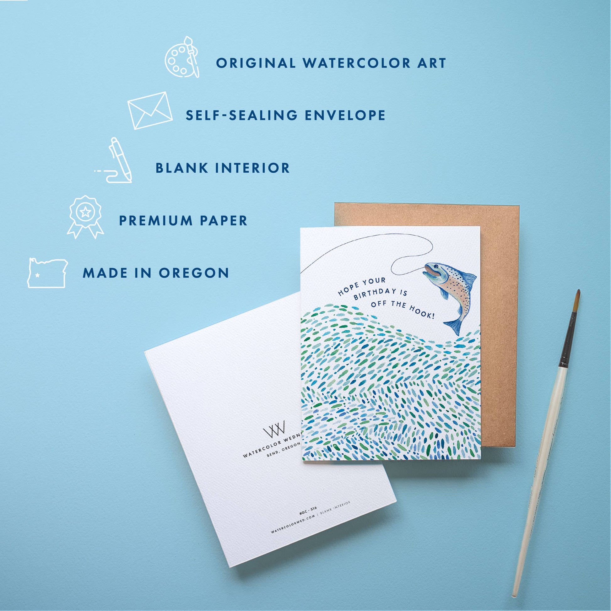 Greeting card with envelope on a blue background, featuring text about card features.