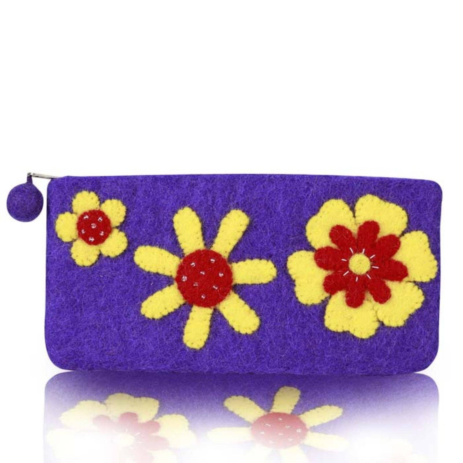 Purple Three Flowers Attached Pencil Case – Handcrafted Wool Felt