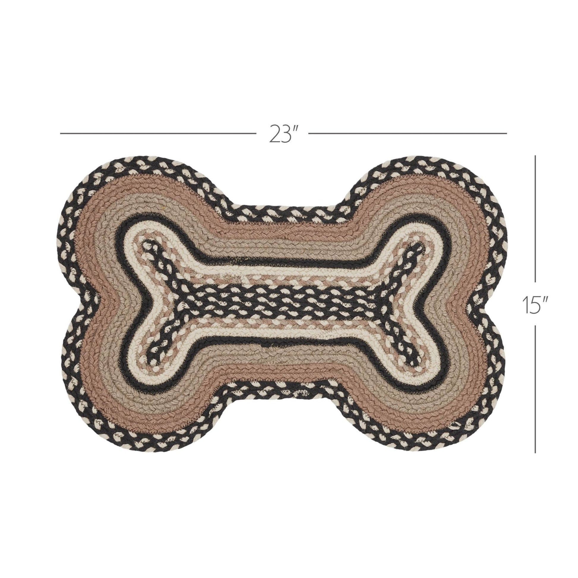 Dog bone-shaped rug with measurements on a white background