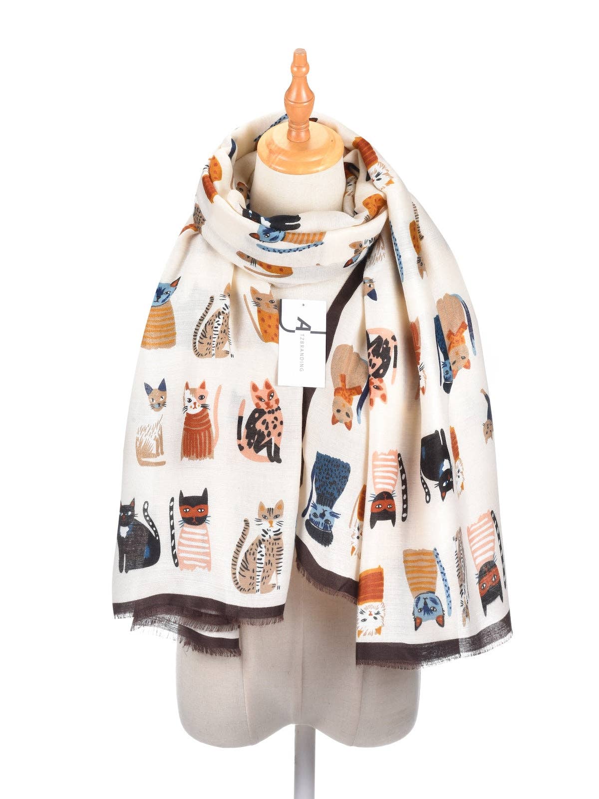 Scarf with cat pattern on a mannequin against a white background