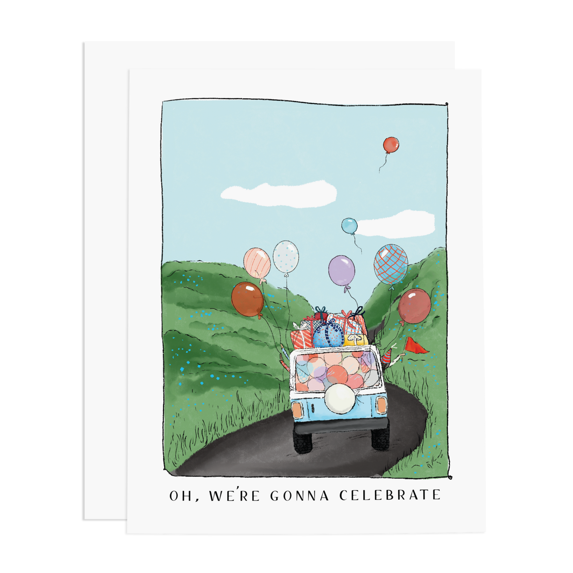 Illustration of a car with balloons on a road with a scenic background