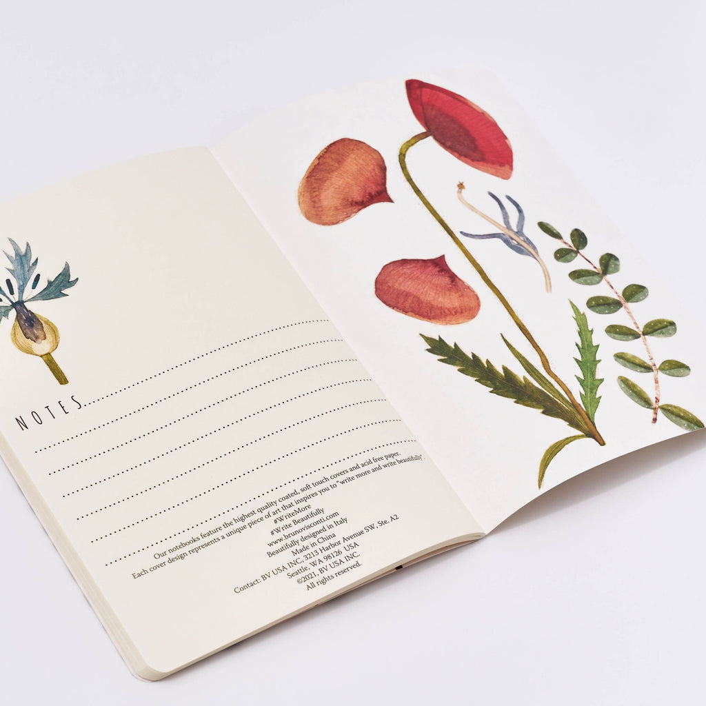 Open notebook with floral illustrations on a white background