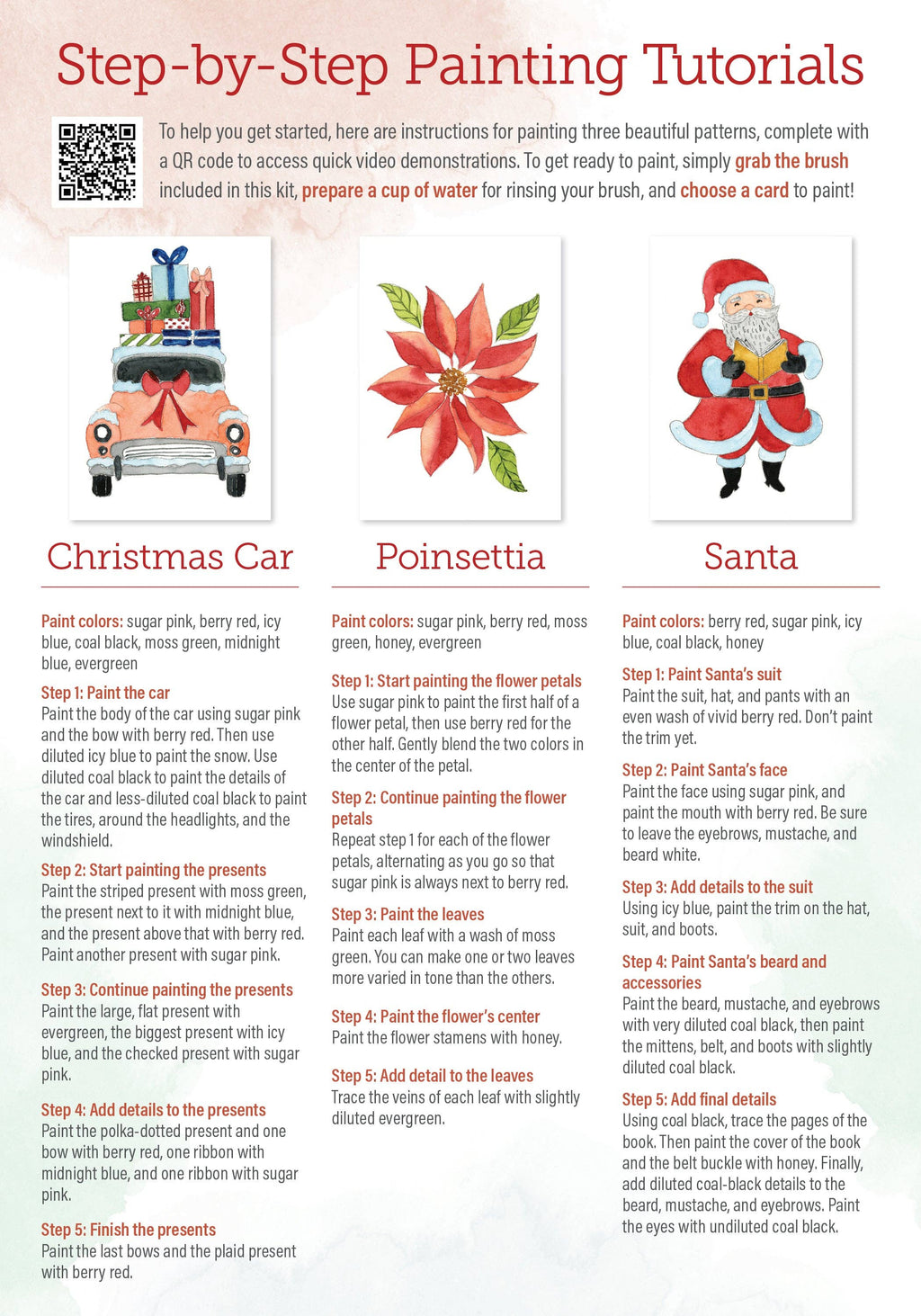 A printed or digital guide titled 'Step-by-Step Painting Tutorials' with three example paintings shown side by side: a Christmas Car, a Pinwheel, and Santa. Each includes small color reference swatches and columns of painted steps and instructions.
