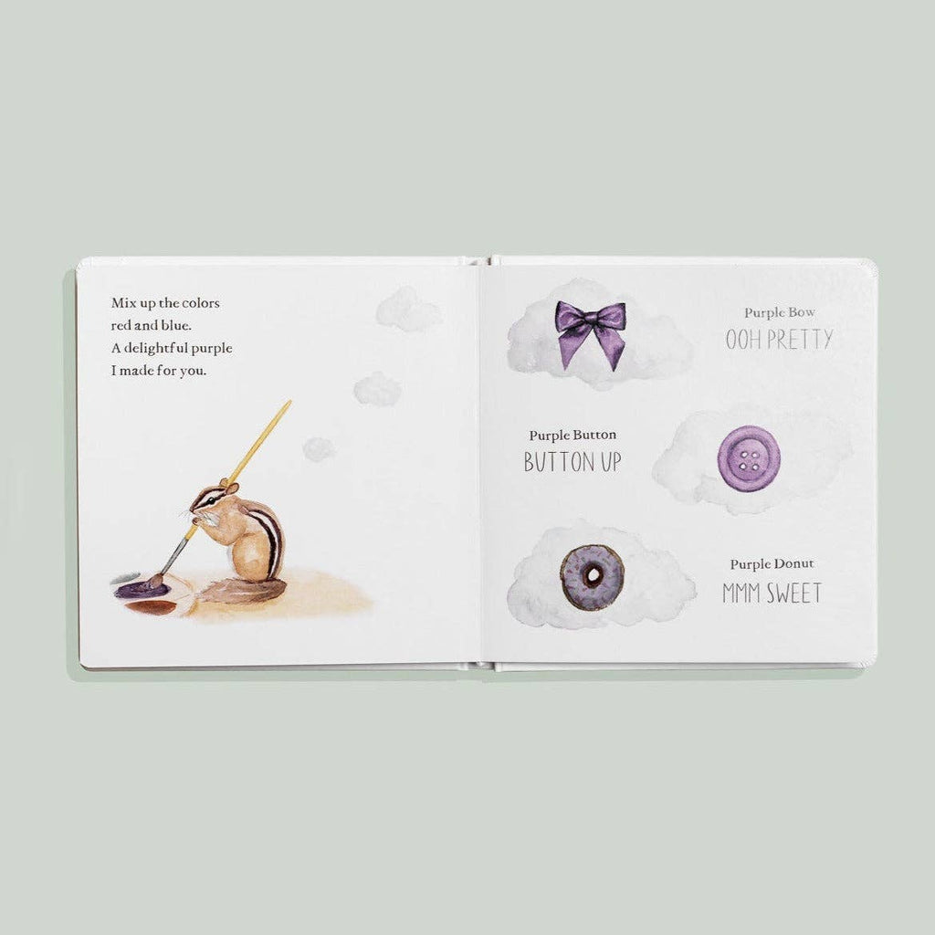 Open book with purple-themed illustrations and text on a light gray background