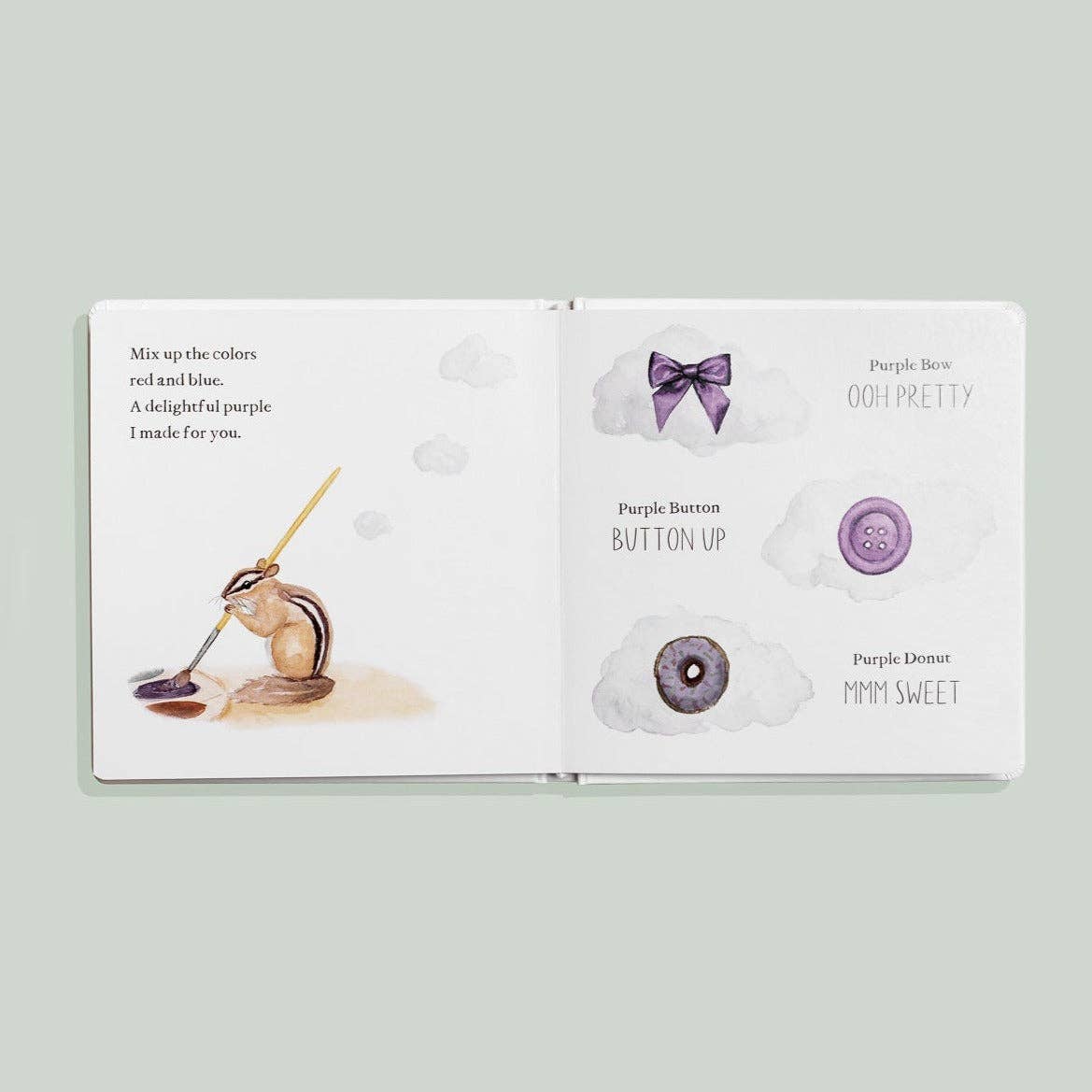 Open book with purple-themed illustrations and text on a light gray background