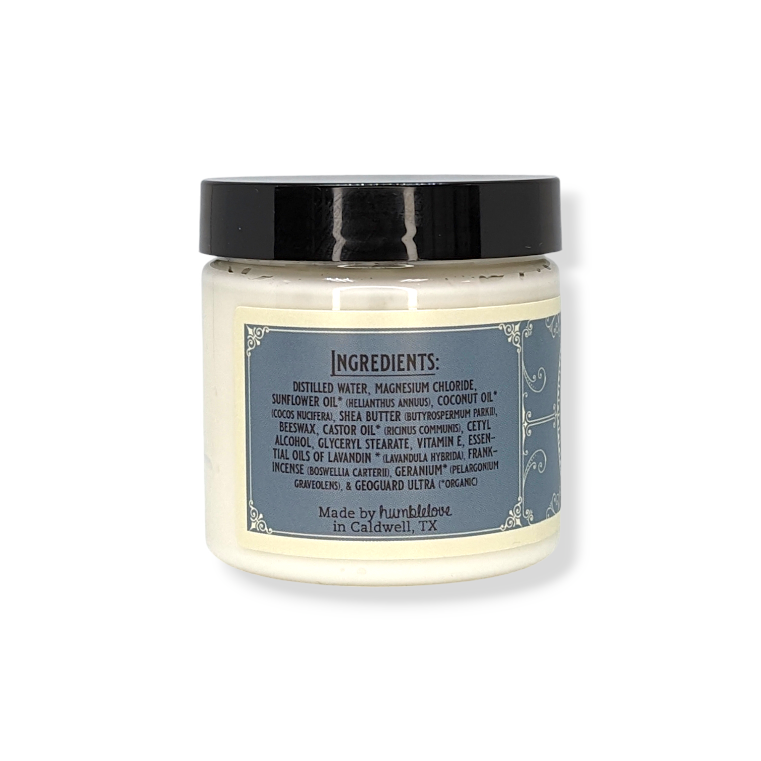 Jar with a black lid and blue label on a white background