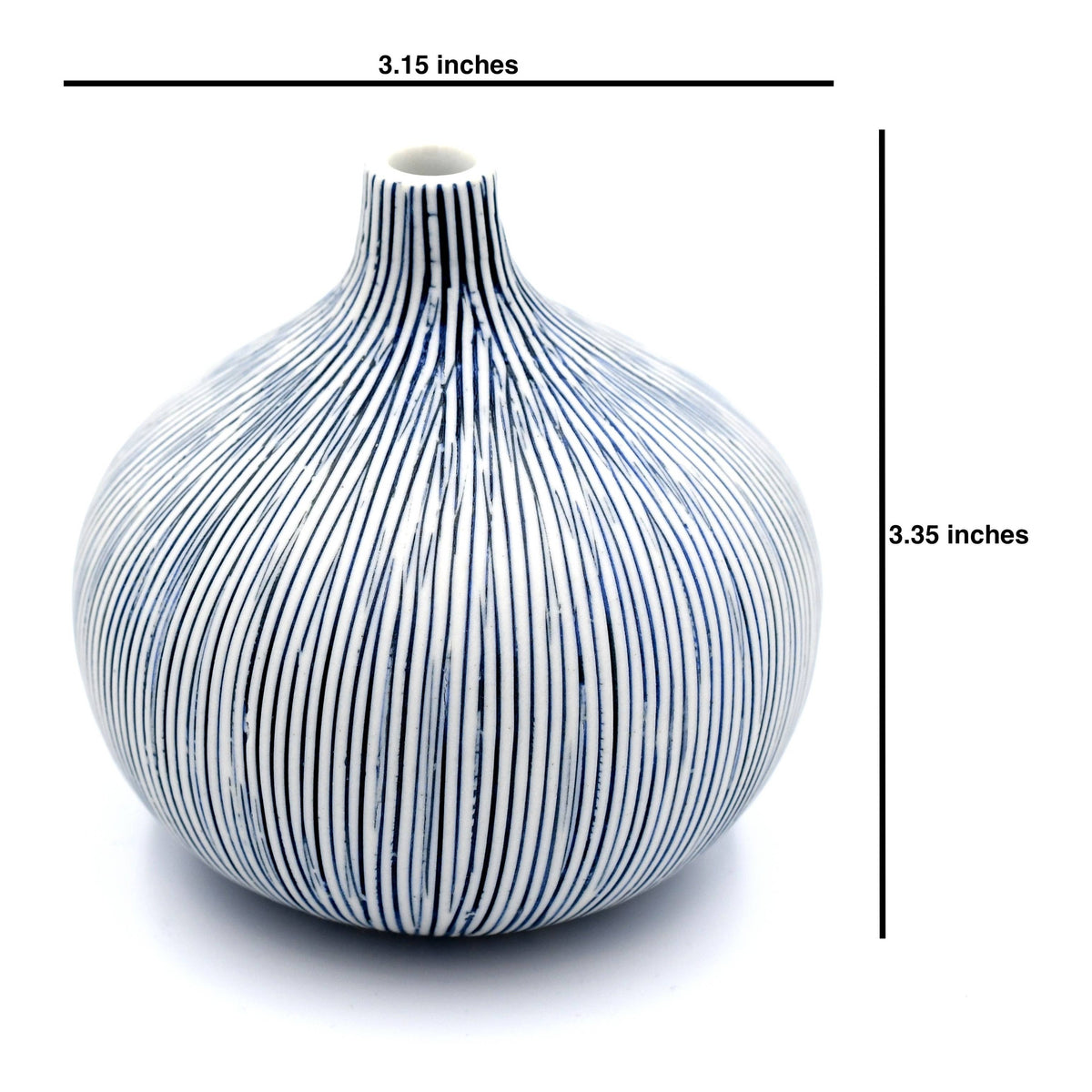 A small bulb-shaped ceramic vase with a narrow neck, decorated with vertical blue and white stripes, shown on a white background with dimension lines indicating a height of 3.35 inches and a top width of 3.