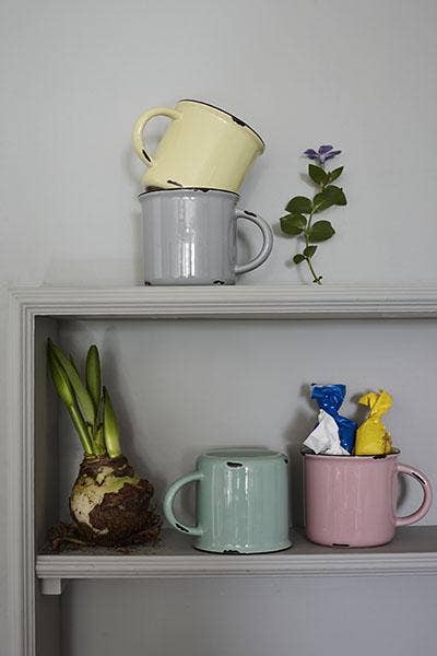 Tinware Mug - White W/Blue Rim