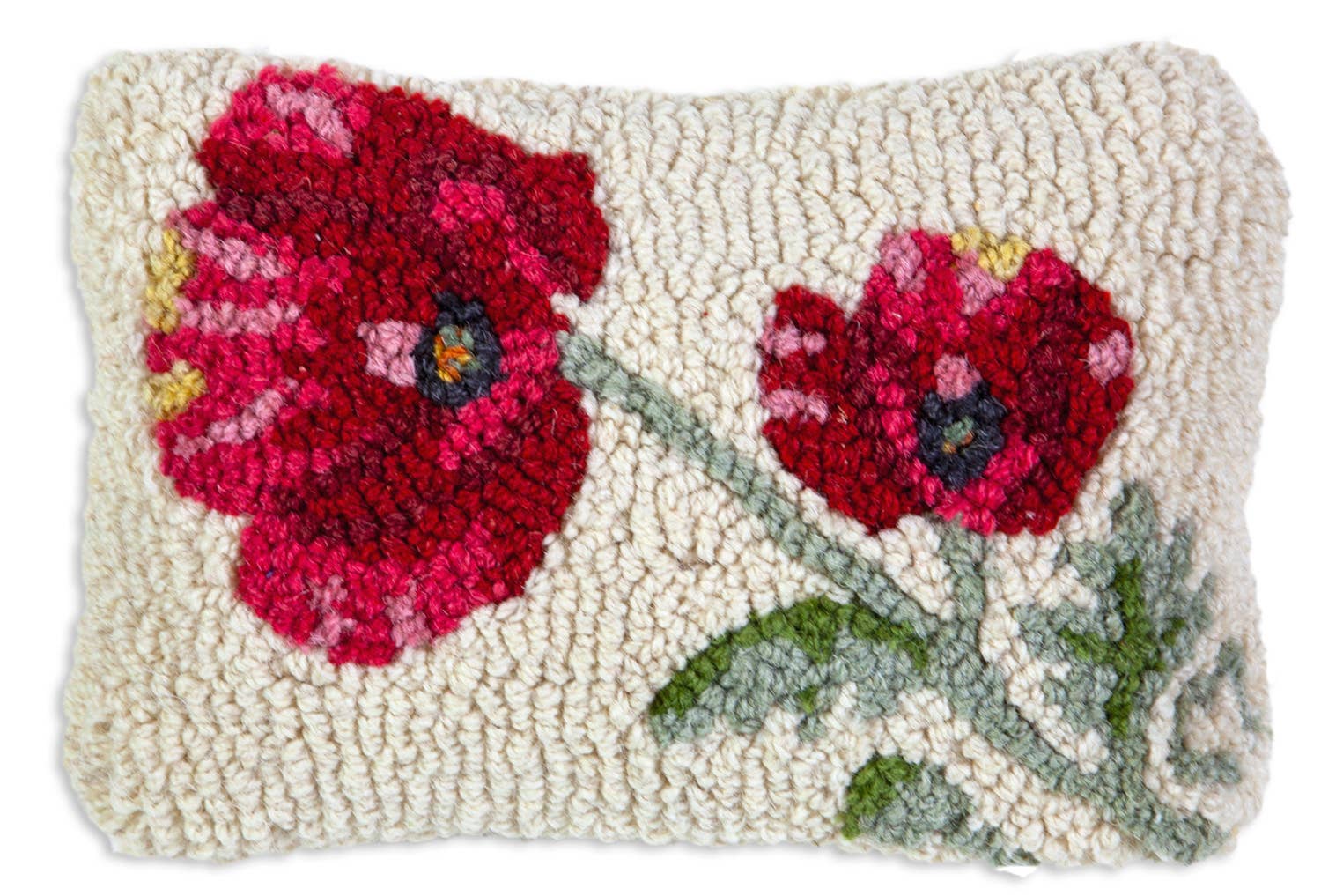 Handcrafted 8"x12" Poppy Hooked Wool Pillow with red flowers on cream, Lykke Living Lenox MA artisan boutique Berkshires. - Poppy Hooked Wool Pillow | 8" x 12"