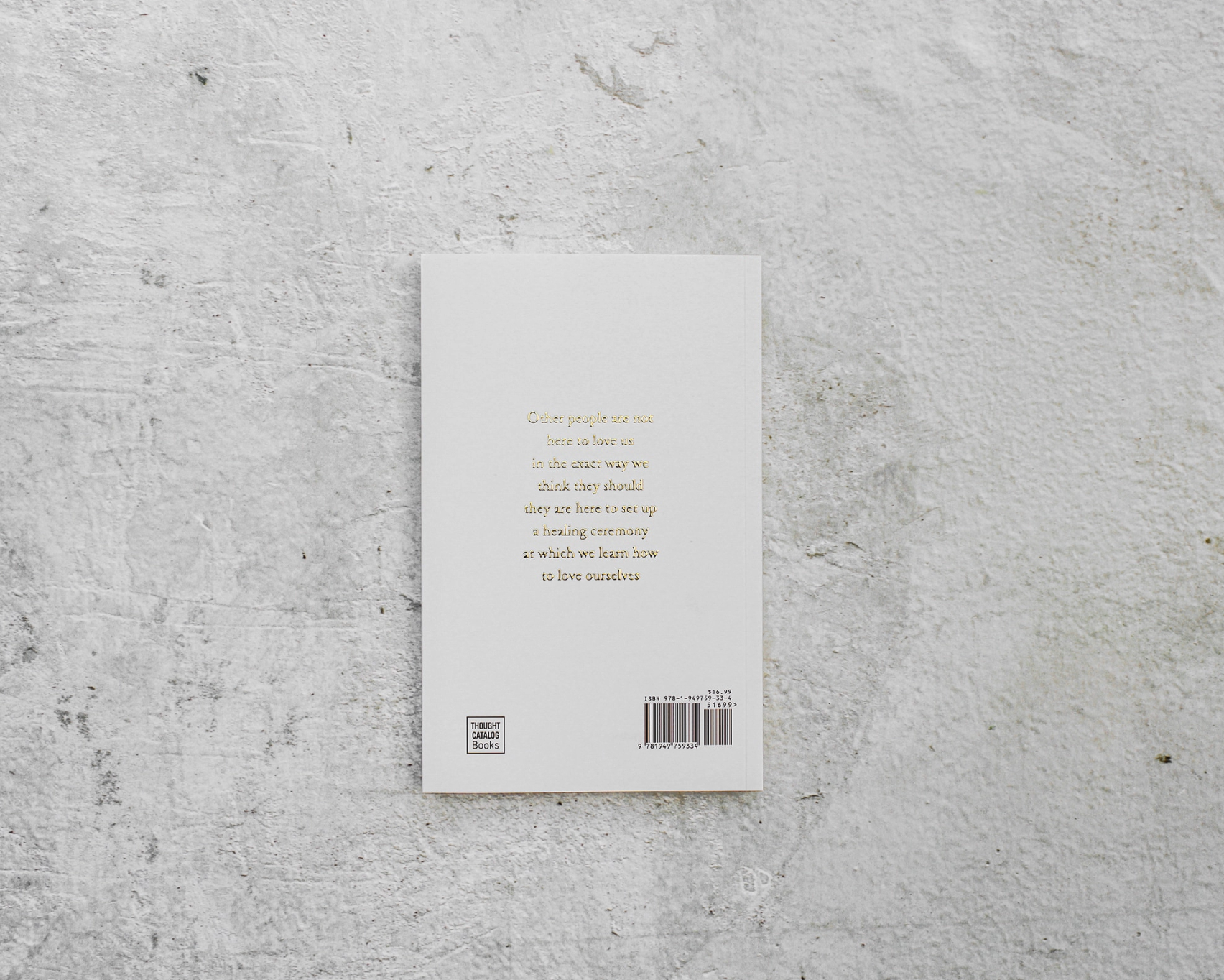 Book cover with text on a textured gray surface