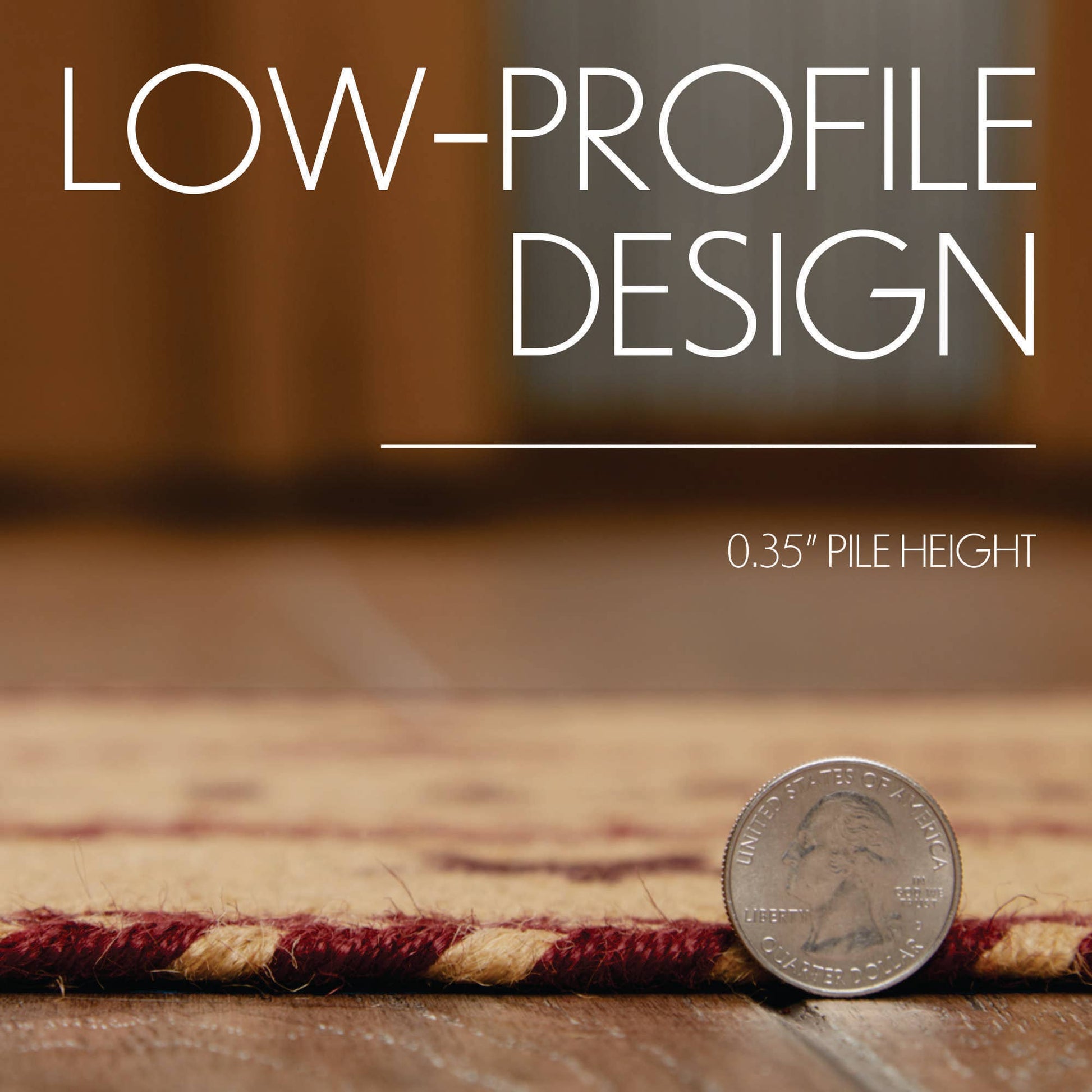 A close-up of a low-pile rug with a coin placed on top for scale, with text reading 'LOW-PROFILE DESIGN' and '0.35" PILE HEIGHT' over a warm-toned indoor floor background.
