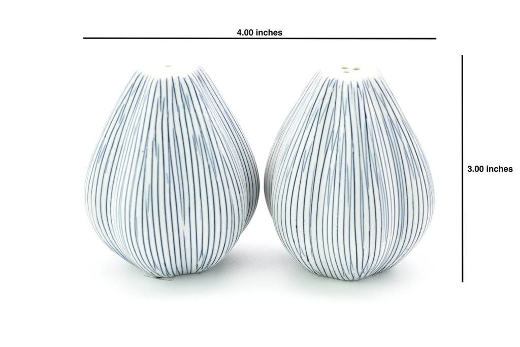 Two small teardrop-shaped ceramic vases with vertical blue and white stripes, shown on a white background with dimension lines indicating 4.00 inches wide by 3.