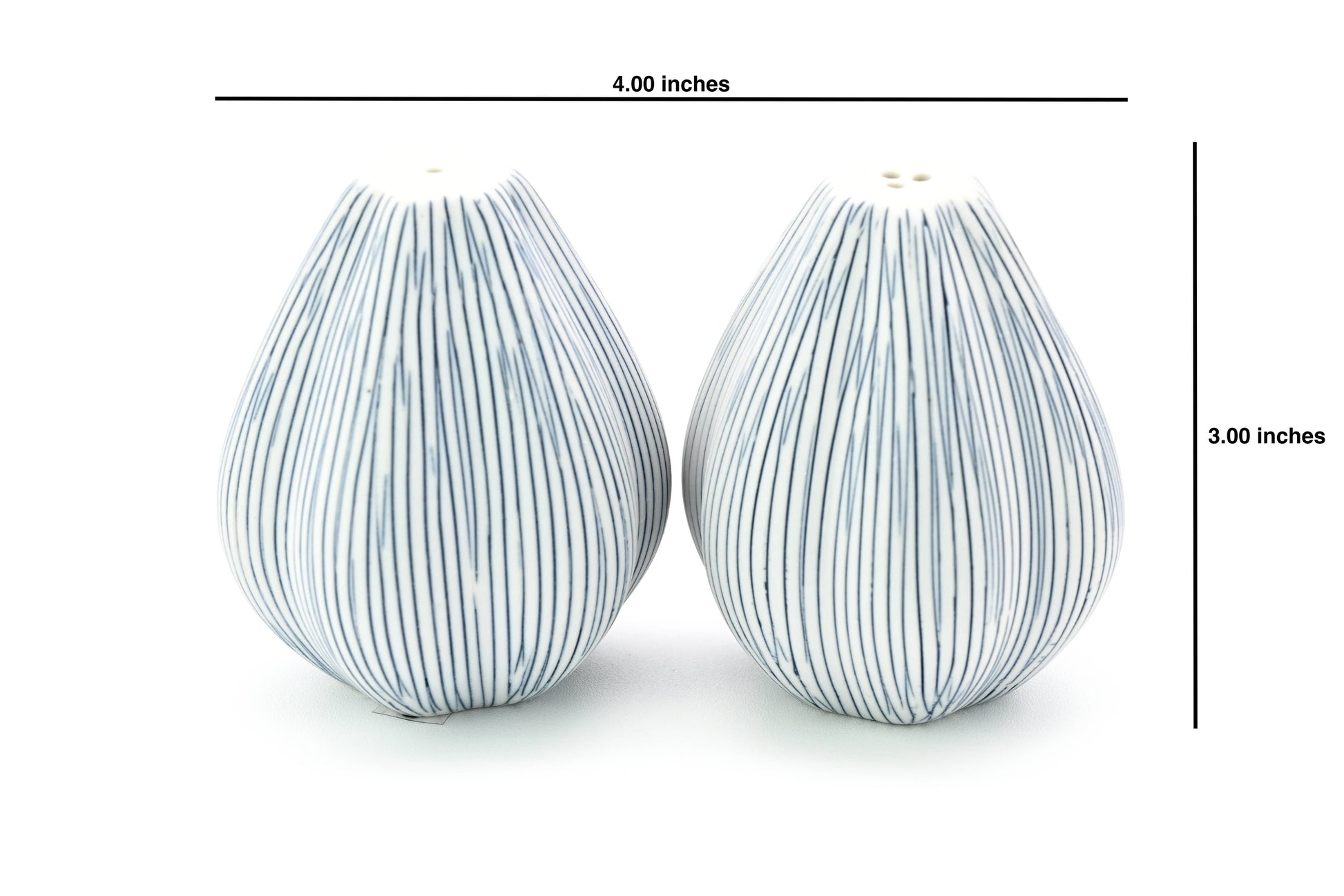 Two small teardrop-shaped ceramic vases with vertical blue and white stripes, shown on a white background with dimension lines indicating 4.00 inches wide by 3.
