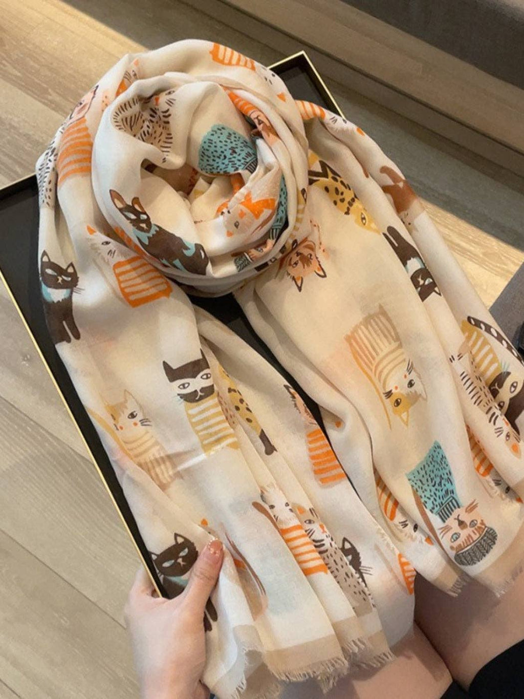 Scarvii - Playful Cat Print Scarf: Black