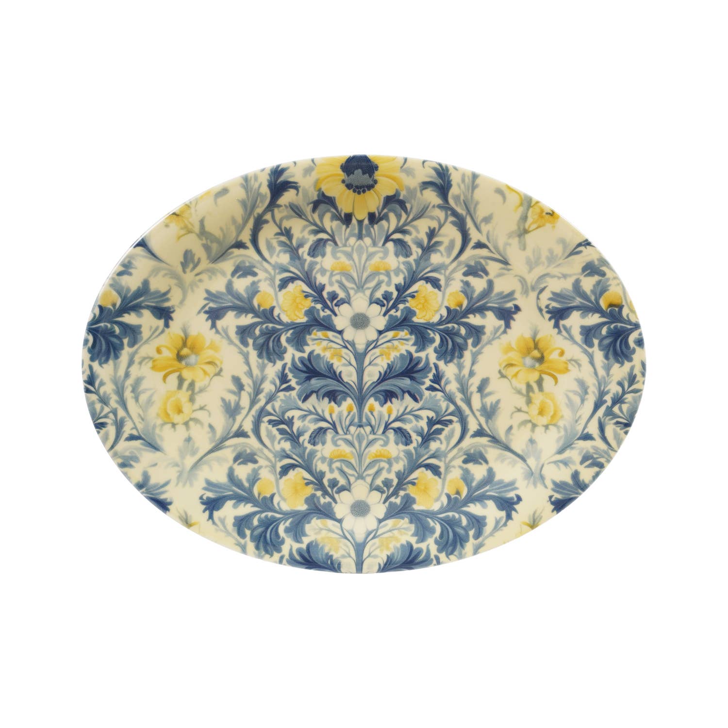 Round fabric sample with blue and yellow floral pattern on a white background