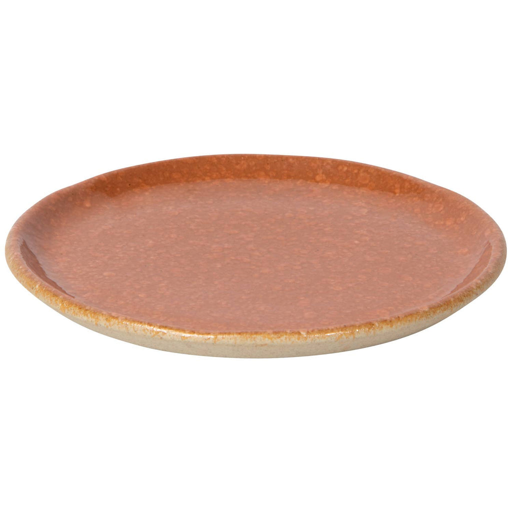 A round ceramic plate with a speckled terracotta orange-brown glaze and a contrasting light beige unglazed rim, shown on a plain white background.