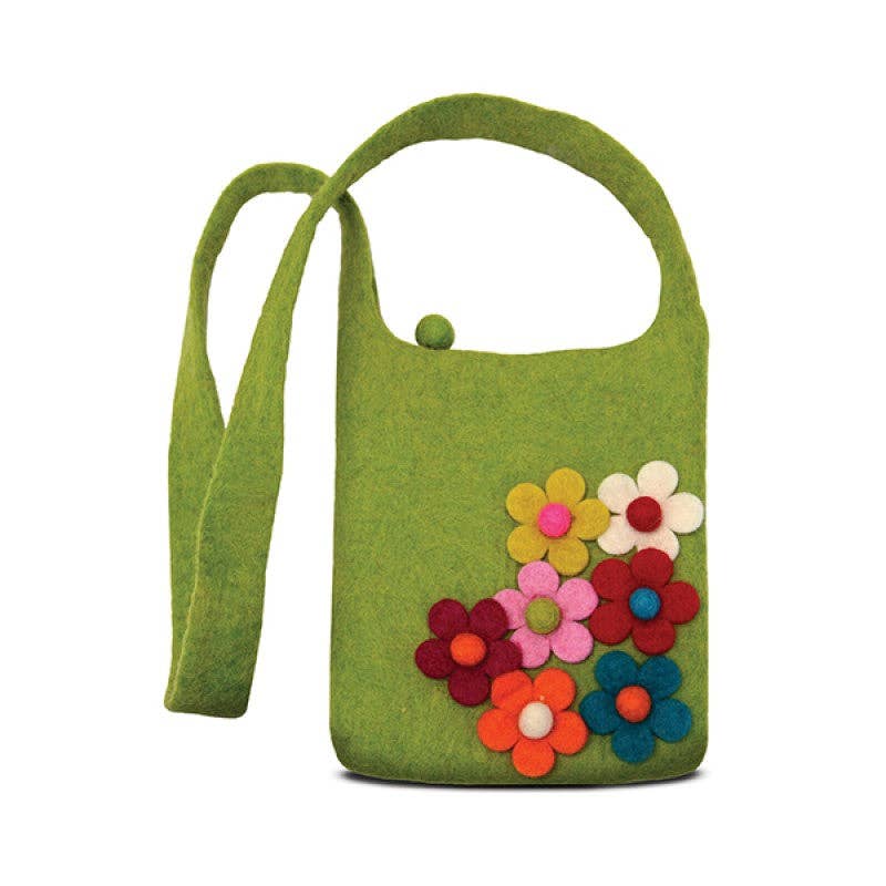 Green Side Flower Cross Body Kids Bag – Handcrafted Wool Felt
