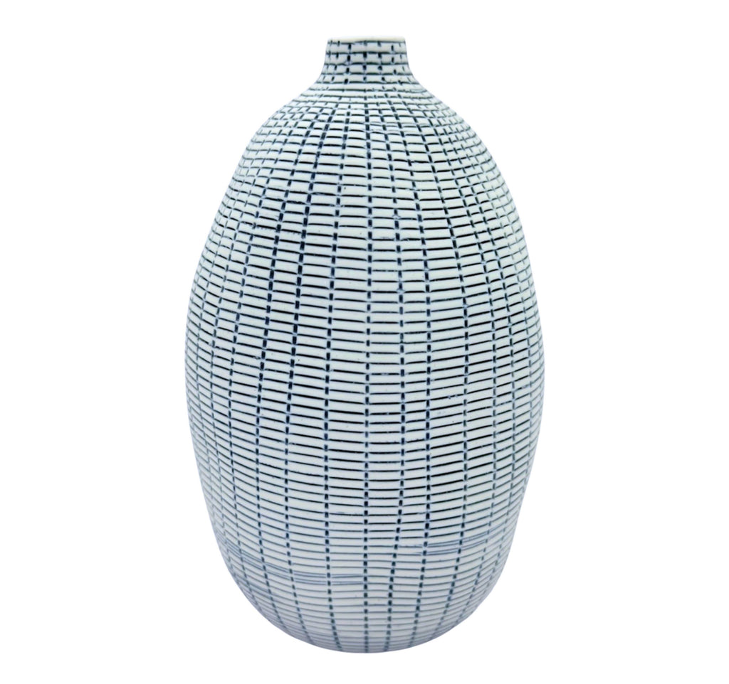 A tall, rounded ceramic vase with a narrow neck, decorated with a repeating blue and white basketweave pattern, shown against a plain white background.