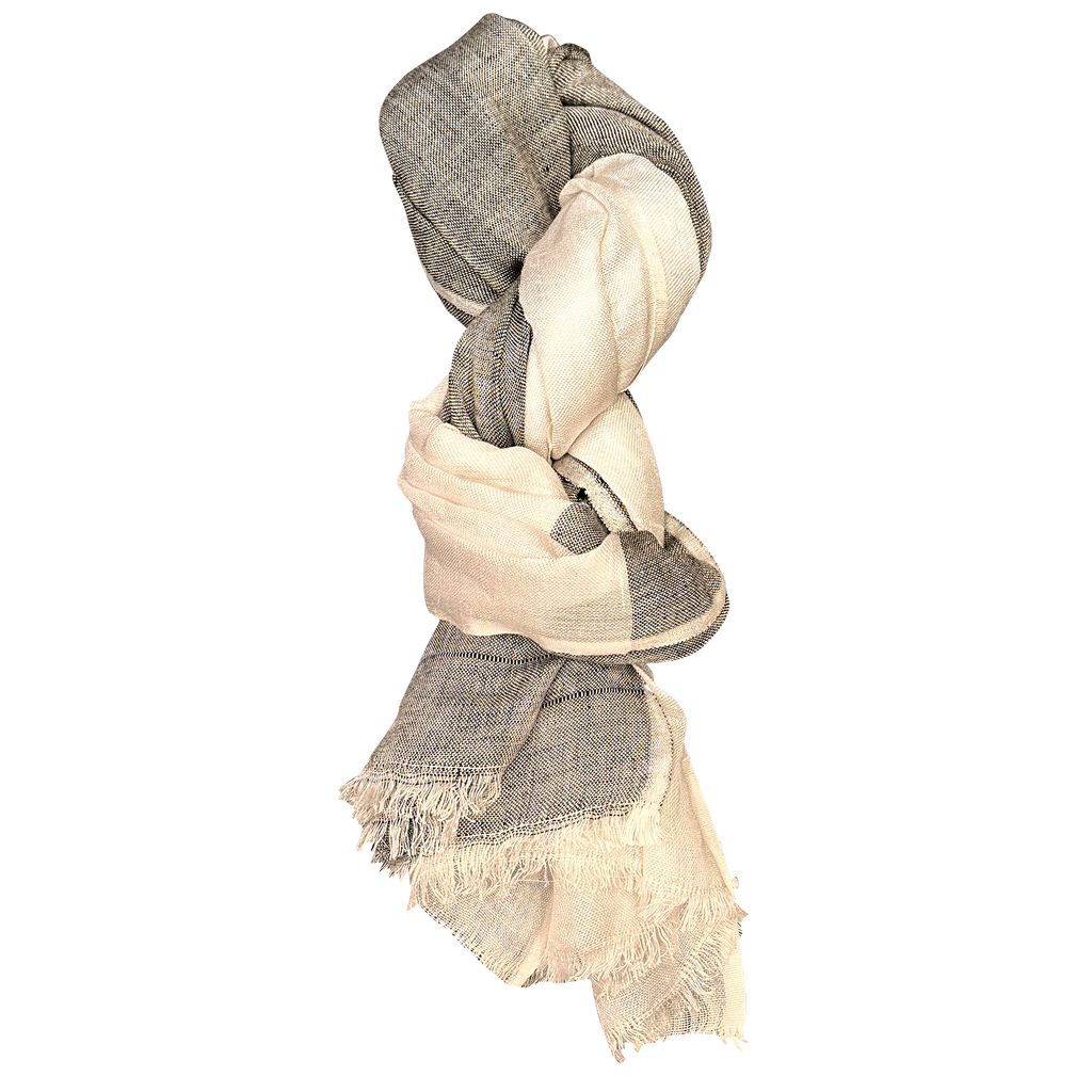 Pure Linen Feather Fringe Scarf — Navy & Green