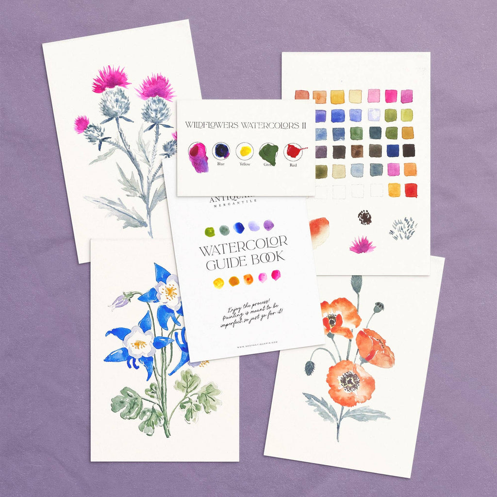 Set of watercolor guides and color swatches on a purple background