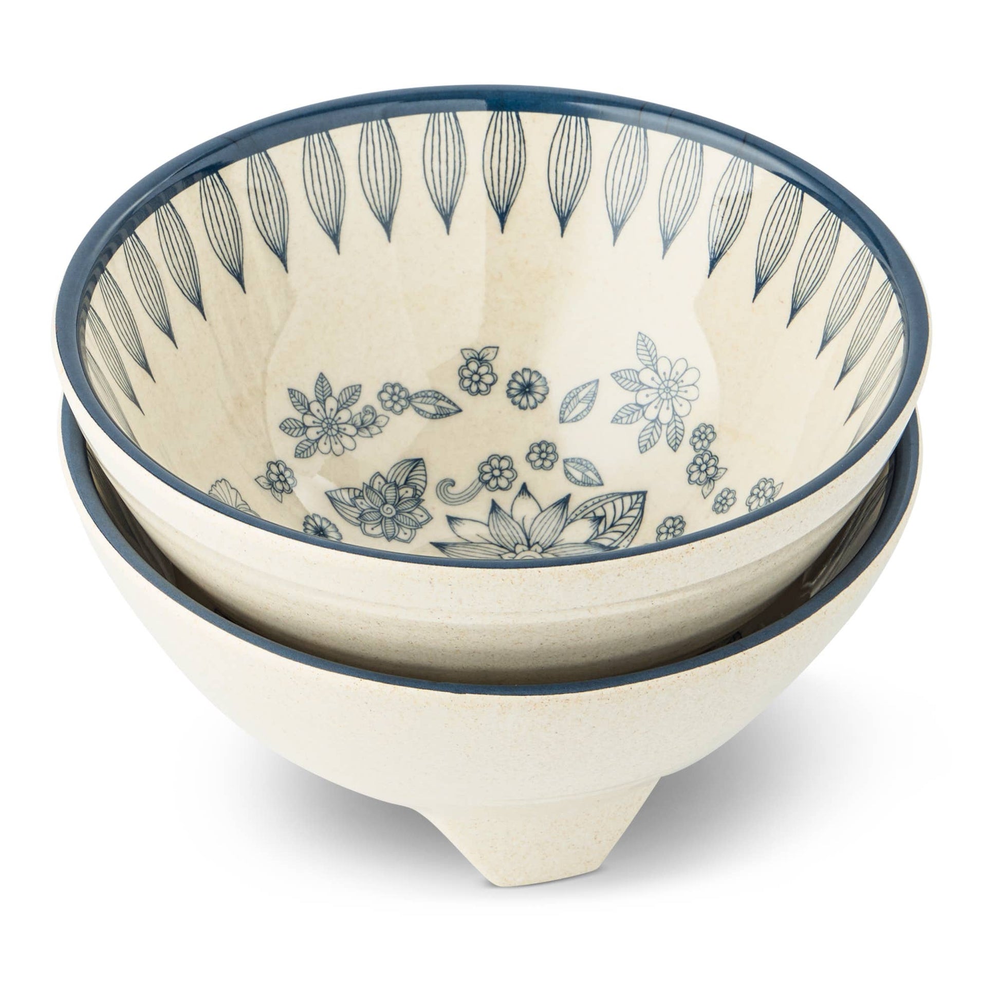 Set of two ceramic bowls with floral patterns on a white background