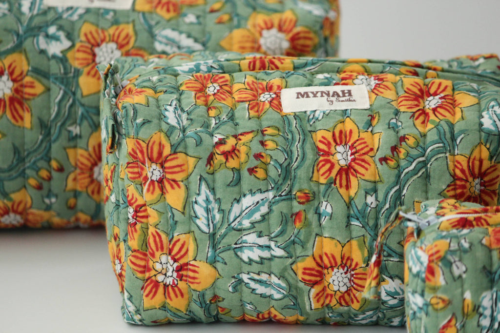 Sunflower Block Printed Quilted Pouch — Medium