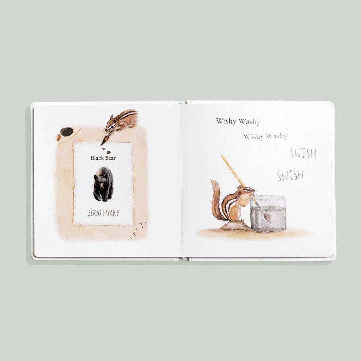 Open book with illustrations of a chipmunk and a bear on a light gray background
