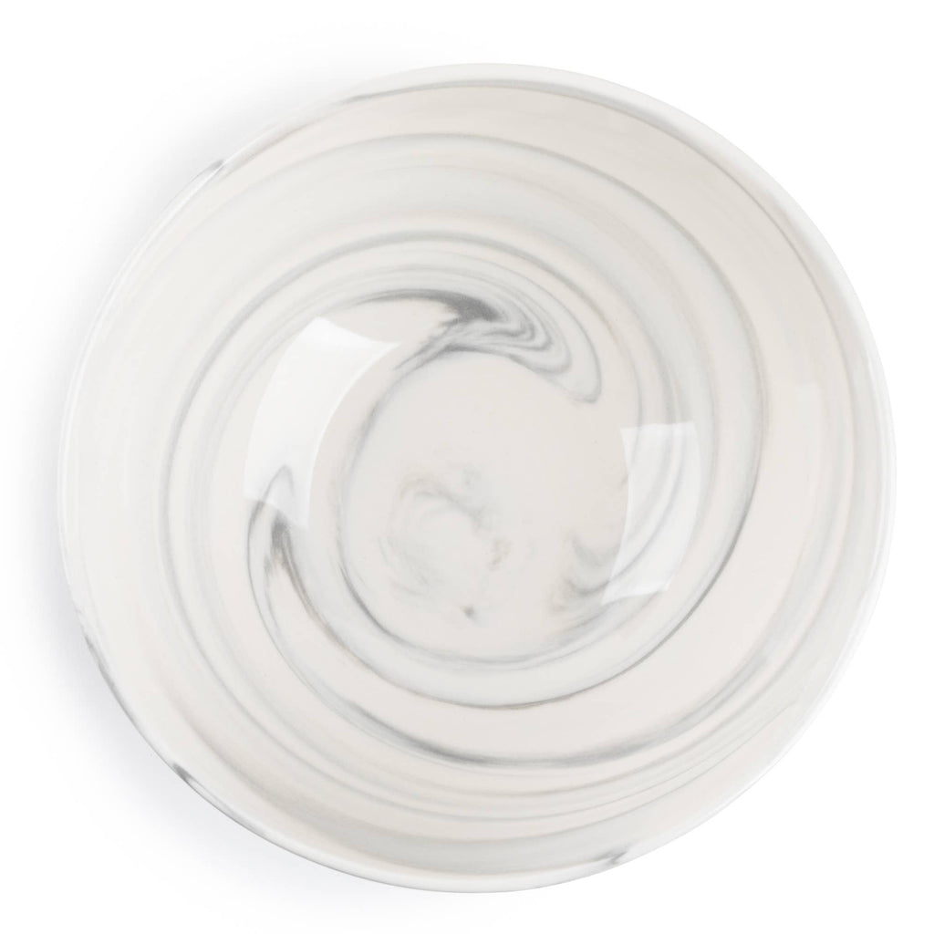 A round white ceramic plate with a subtle gray marbled swirl pattern, photographed from a top-down perspective on a clean white background.