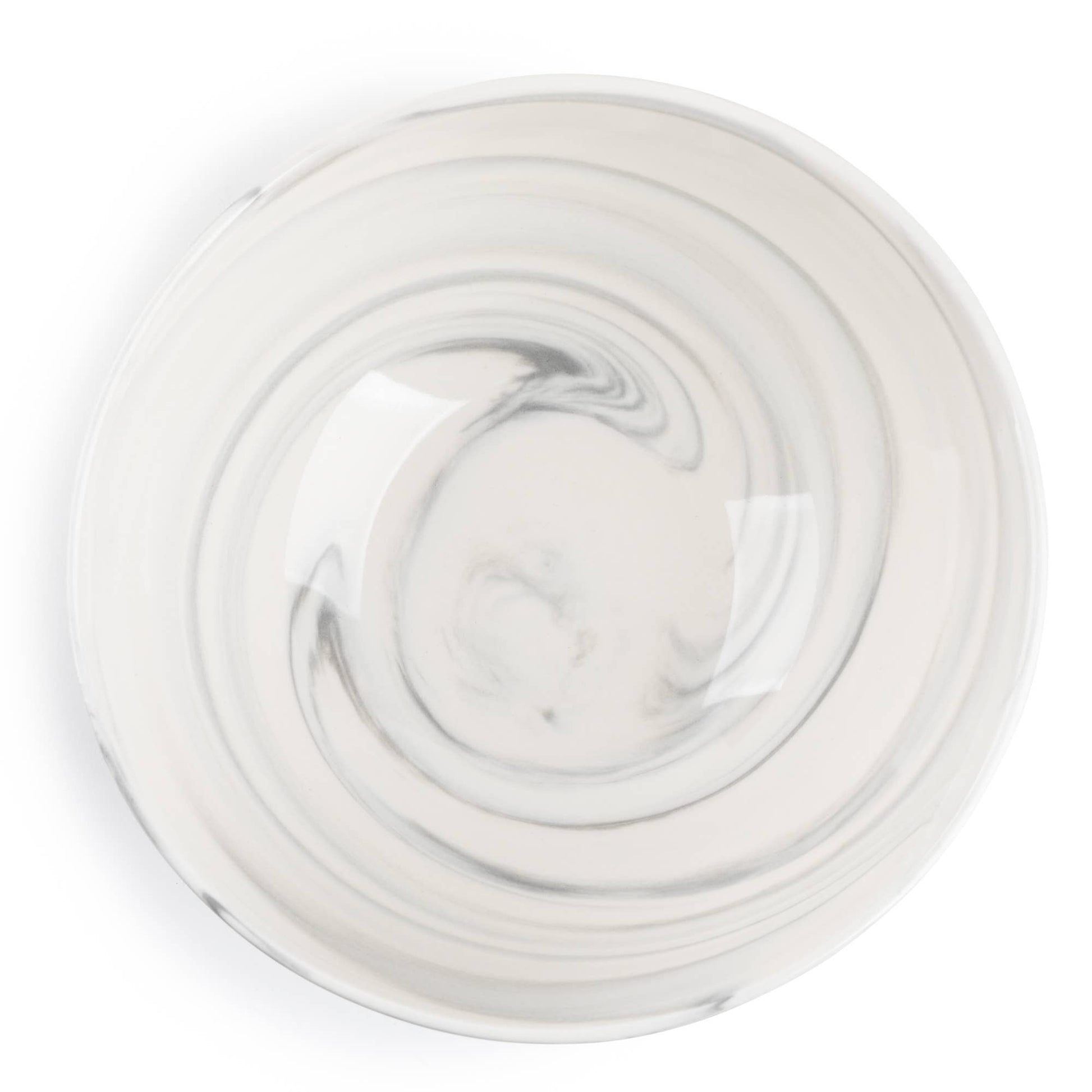 A round white ceramic plate with a subtle gray marbled swirl pattern, photographed from a top-down perspective on a clean white background.