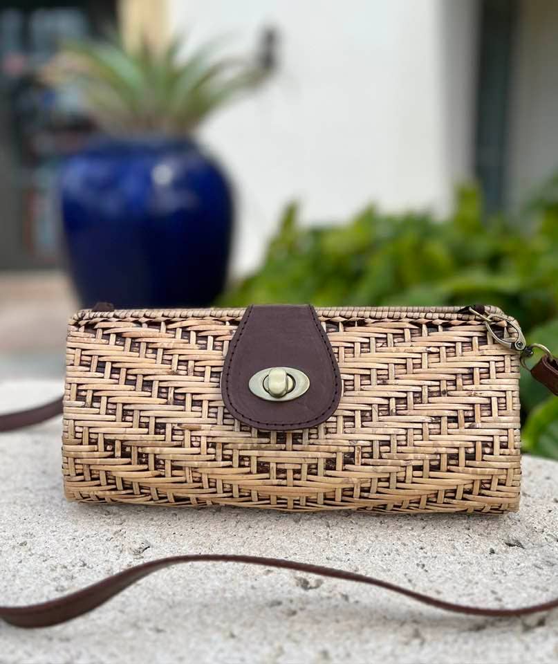 Rattan Convertible Clutch with Removable Leather Strap