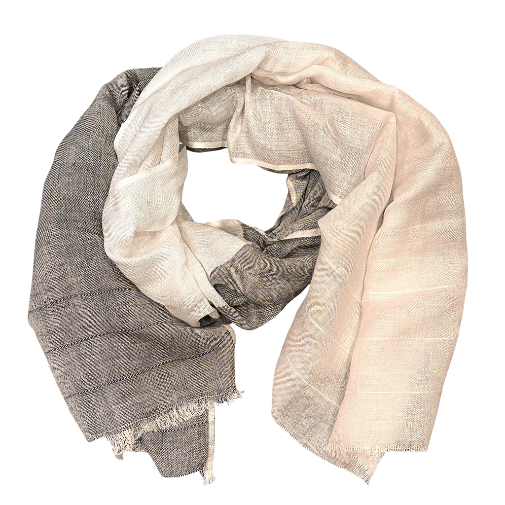 Pure Linen Feather Fringe Scarf — Navy & Green