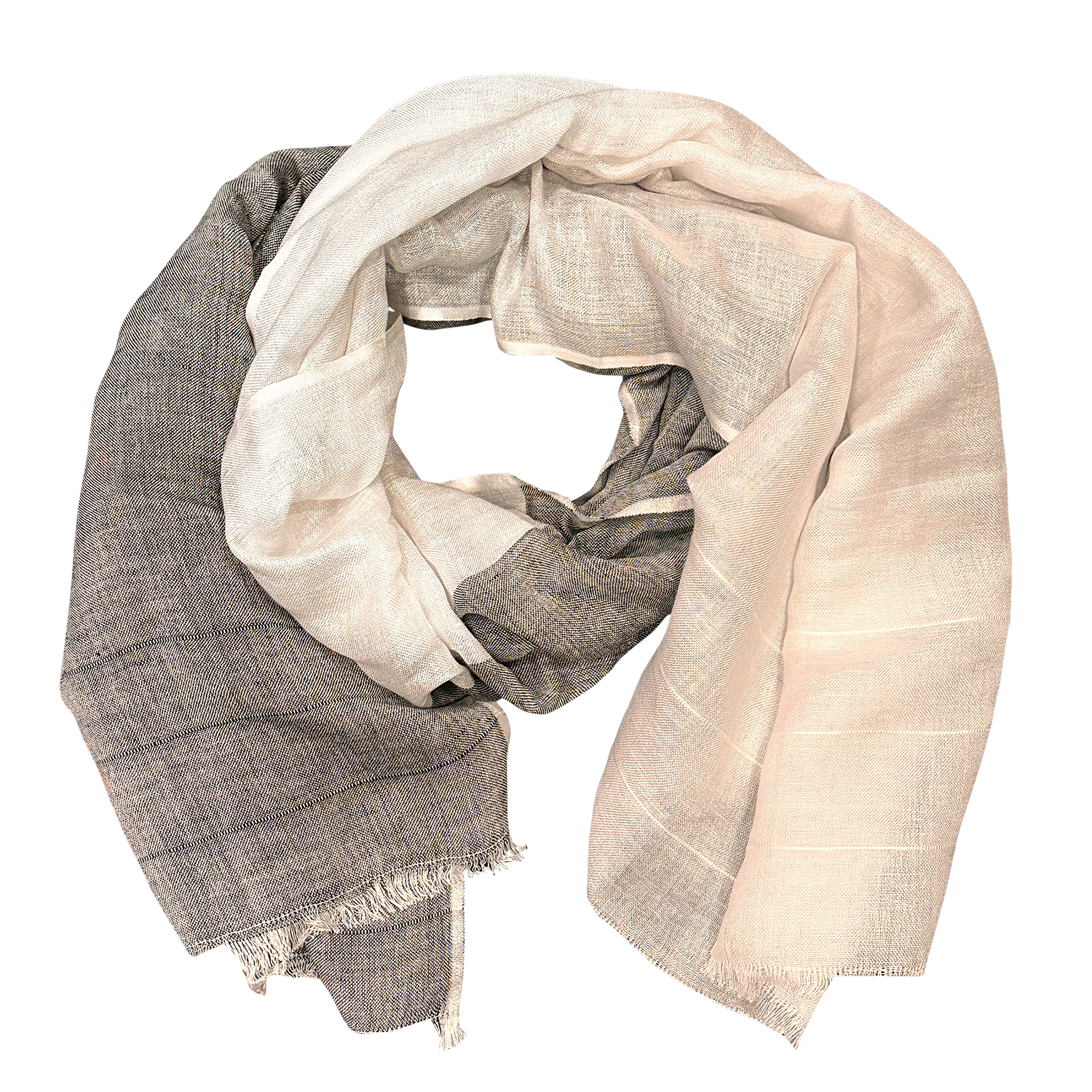 Pure Linen Feather Fringe Scarf — Navy & Green