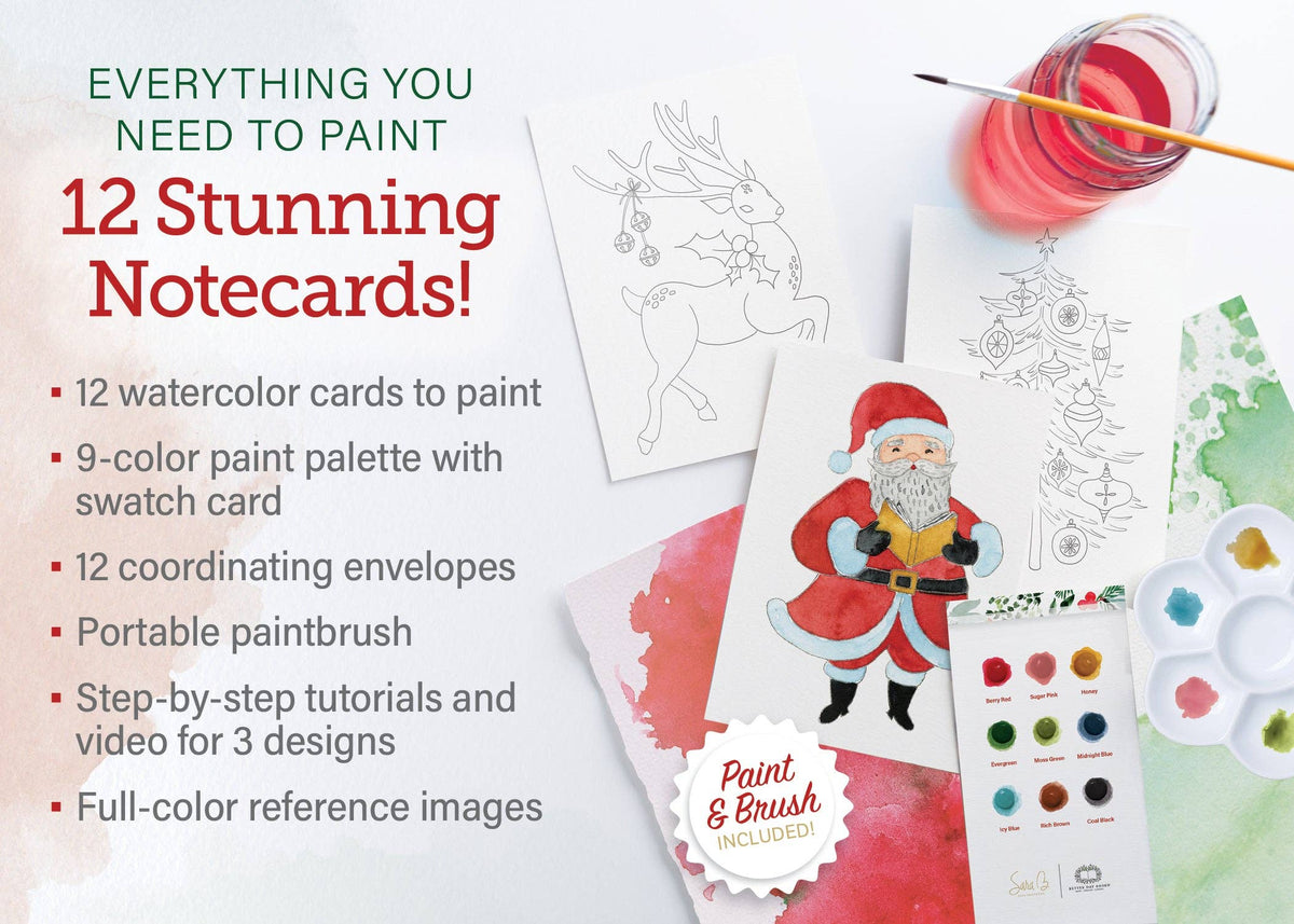 Painting kit with watercolor cards, paint palette, and supplies on a white background