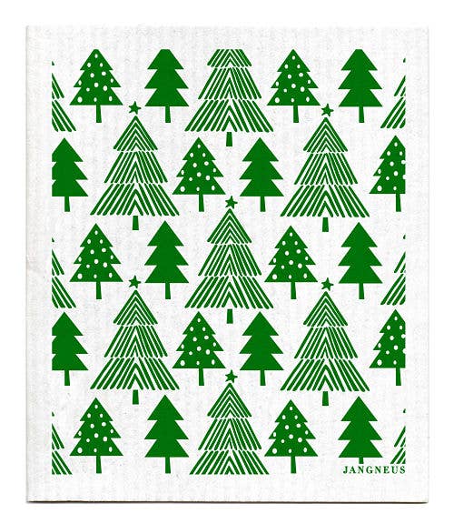 A square white dish towel or tea towel featuring a repeating pattern of green stylized Christmas trees in various designs, with the brand name 'JANGNEUS' printed in green at the bottom right corner.
