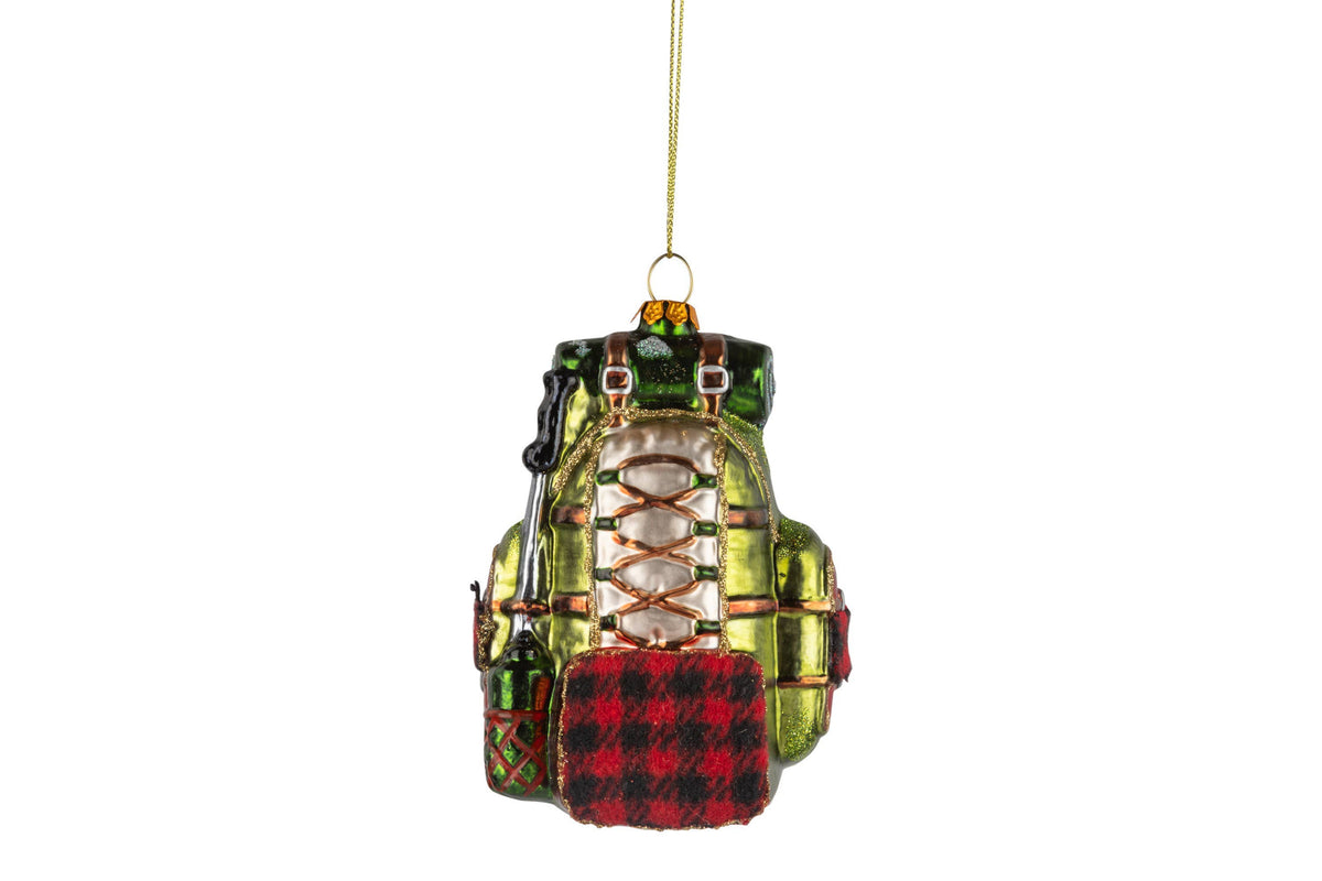 A Christmas ornament shaped like a vintage green and gold bicycle, featuring a red and black plaid pattern on the bottom front and a gold hanging loop at the top, shown against a plain white background.