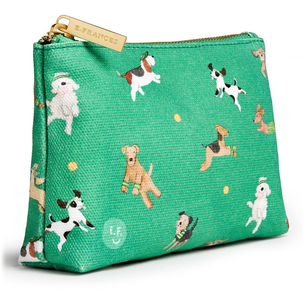 Green pouch with dog pattern and gold zipper on a white background