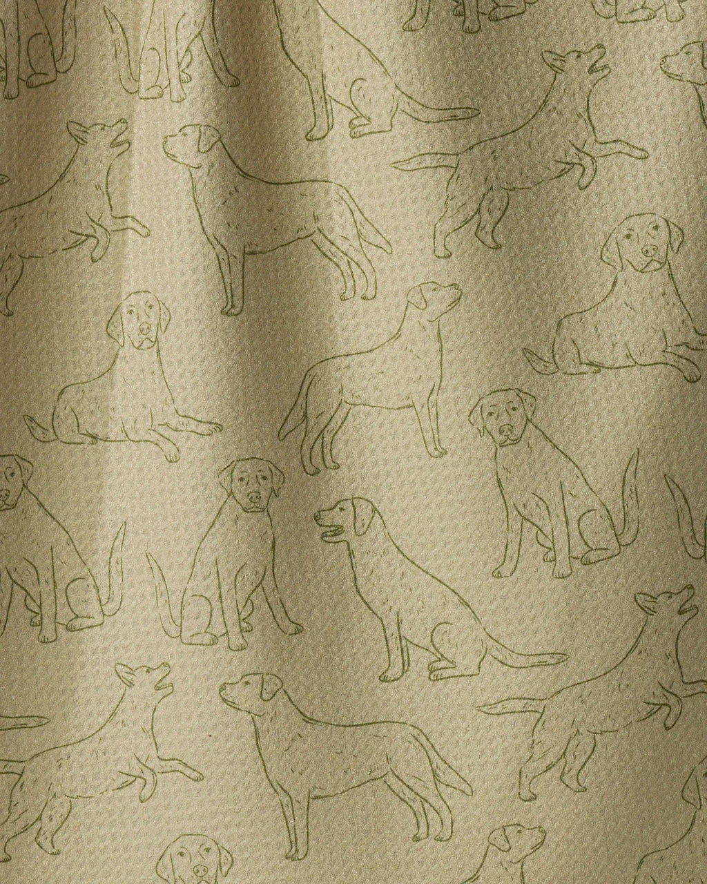Beige textured fabric with an all-over repeating pattern of dark olive green dog silhouettes in various poses.