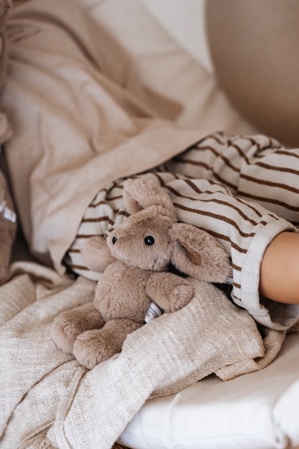 Person holding a teddy bear under a blanket