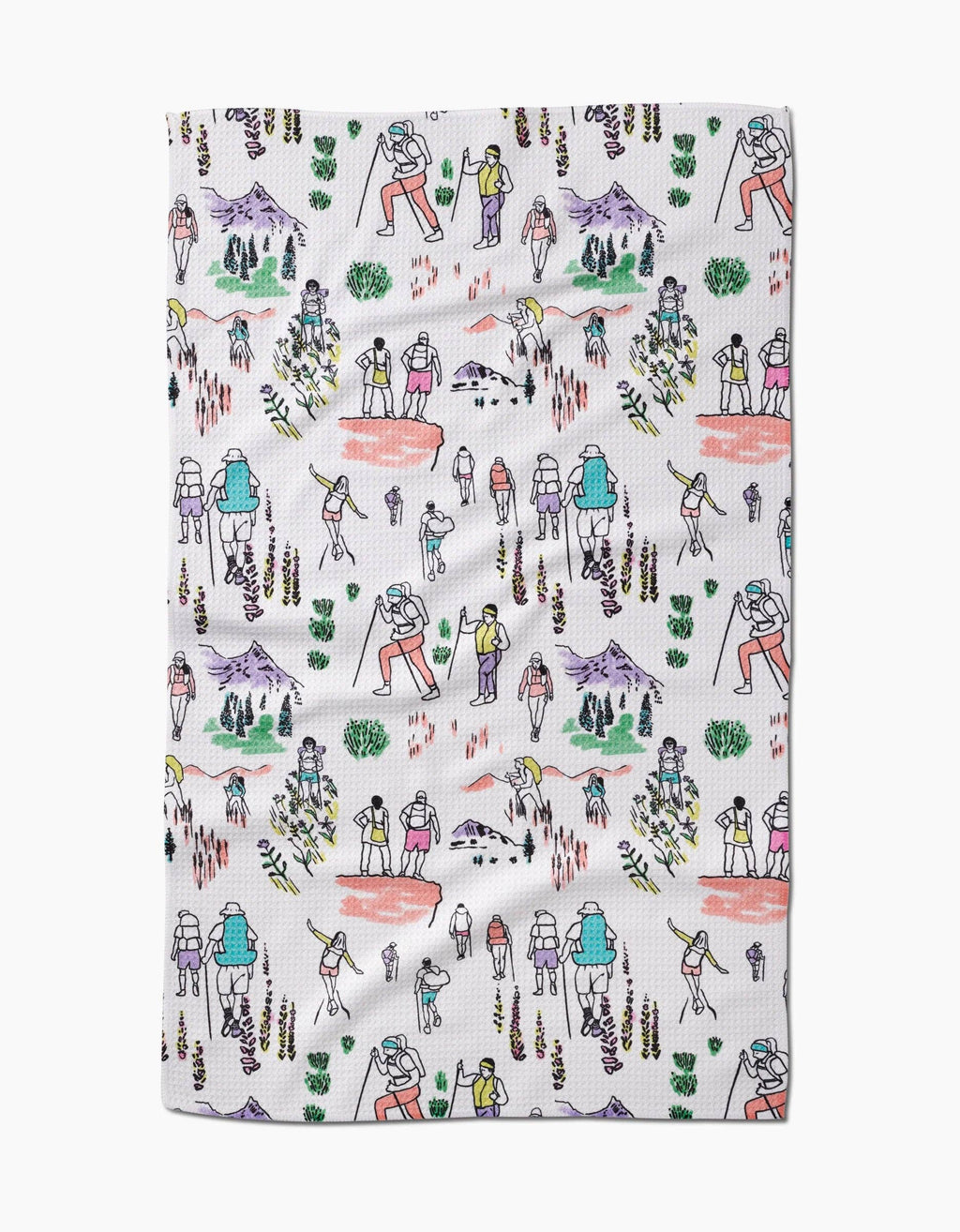 A multicolored tea towel with a character-based pattern design.
