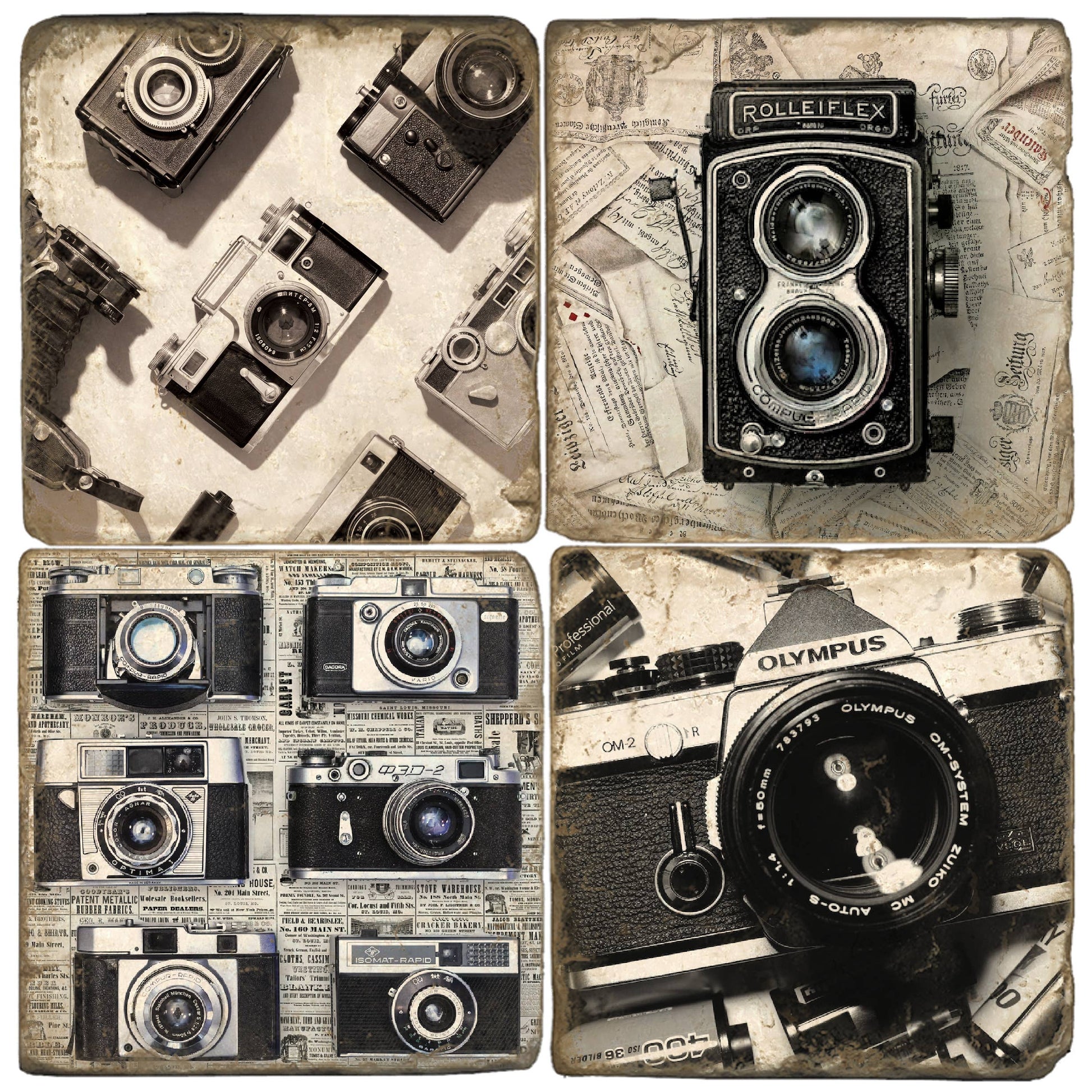 A 2x2 collage of vintage camera-themed square tiles. The top-left tile shows several retro cameras on a textured beige background.