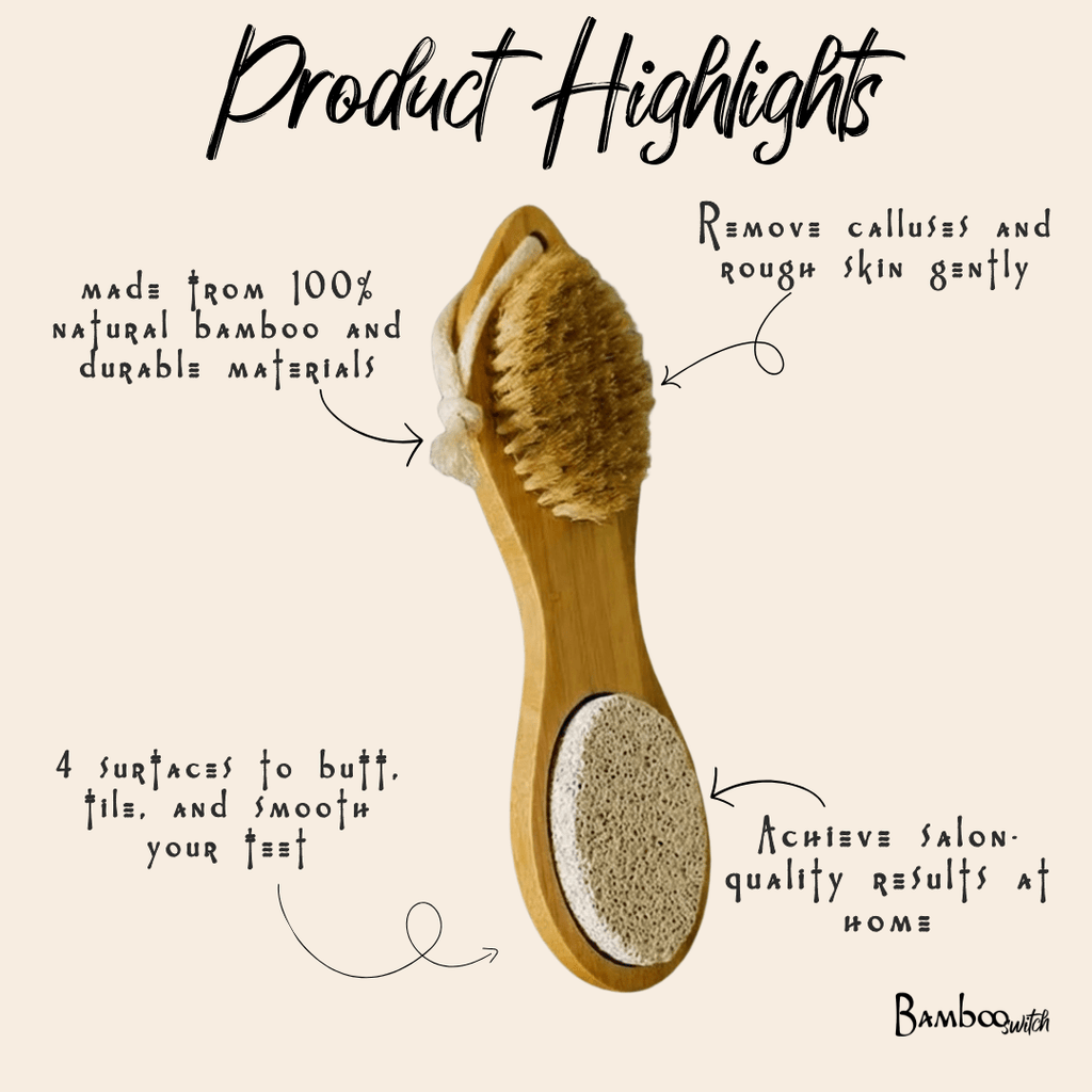 Bamboo foot scrubber with text highlighting features on a beige background